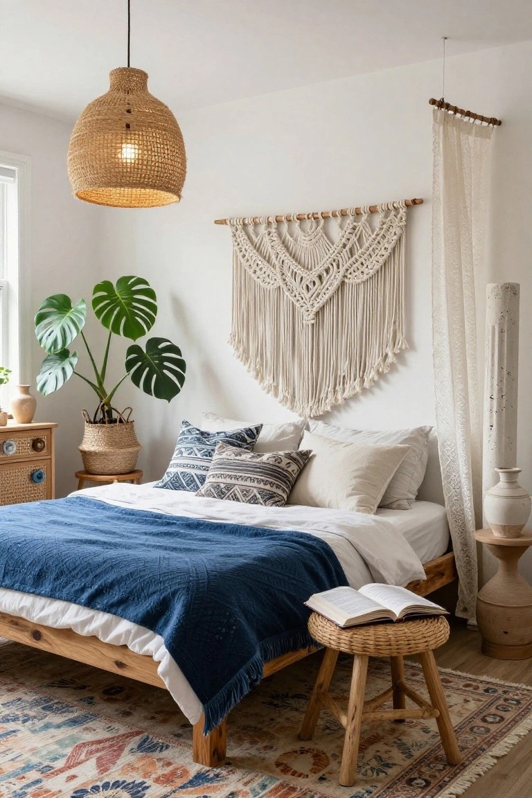 White bedroom with low wooden bed under blue quilt and white sheets, large knotted macrame wall hanging beside sheer curtain, potted monstera plant in woven basket on wood stand, rattan pendant light overhead, and small woven stool holding open book next to patterned rug.