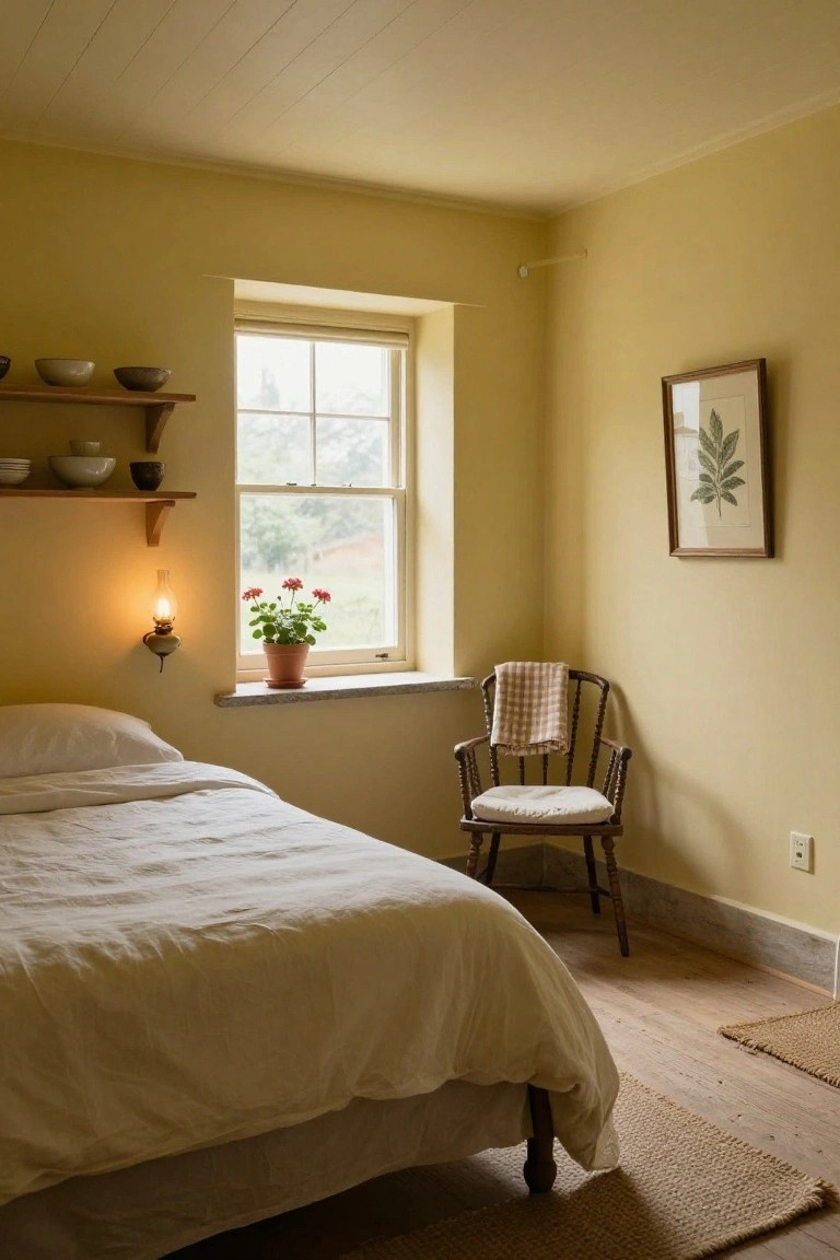 Cozy bedroom interior with pale yellow walls, double bed with white linens, wooden chair draped with plaid blanket, window sill geranium plant, wall shelves with ceramics, and oil lamp sconce.