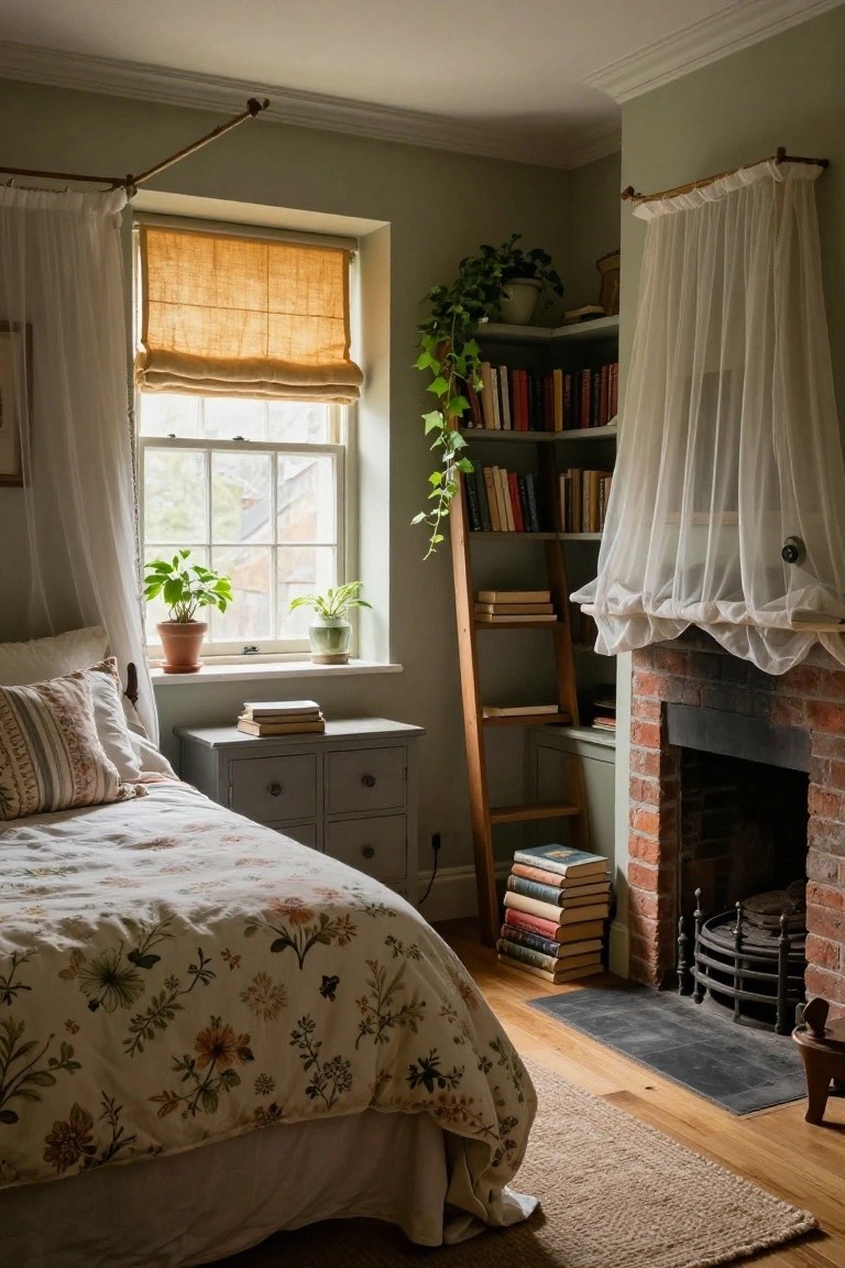 Sage green bedroom with floral bedding on a wooden-frame bed, wooden ladder shelf filled with books and plants beside a brick fireplace, houseplants on windowsills, sheer curtains on windows, and hardwood floors.