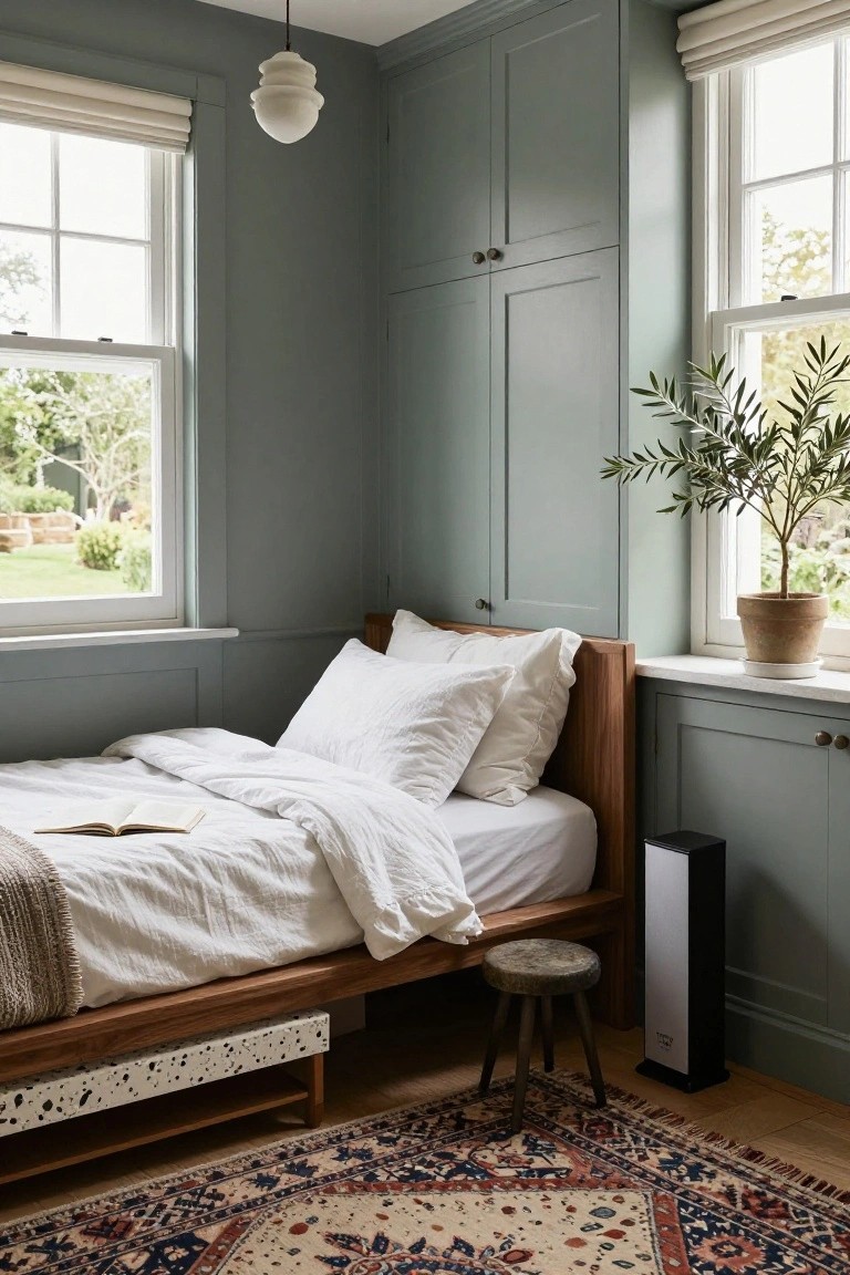 Cozy bedroom with wooden bed, green walls, white bedding, and patterned rug.
