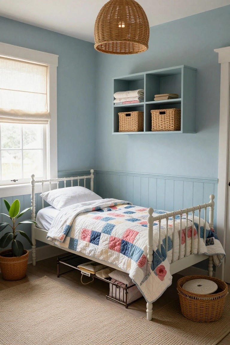 Pale blue bedroom with white wainscoting, iron daybed covered in patchwork quilt, built-in shelves holding wicker baskets and linens, potted plant, and rattan pendant light.