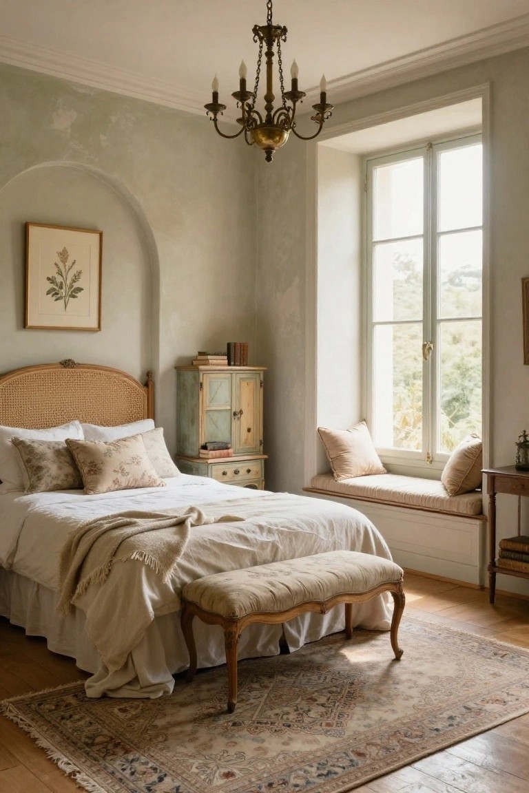 Bedroom with pale green textured plaster walls, rattan headboard bed draped in white linens, window seat with beige cushions, antique wooden cabinet, foot bench, and brass chandelier.