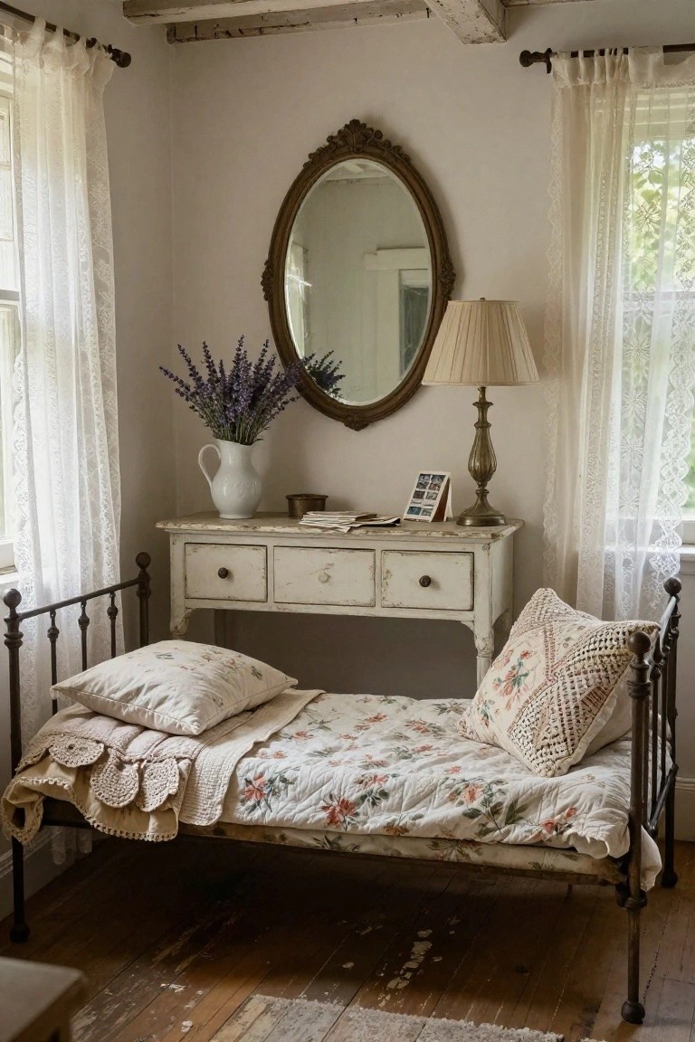 Corner of a light gray bedroom with a narrow black iron daybed covered in white floral quilt and pillows, next to a distressed white wood dresser topped with lavender vase, lamp, and photos, ornate oval mirror, and sheer lace curtains on windows.