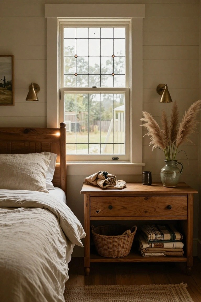 Wooden bed with white linens next to a low wooden dresser nightstand topped with pampas grass in a green vase, black mug, and folded tan cloth, with a woven basket of blankets on the lower shelf, beside a large grid-pane window showing a rural view.