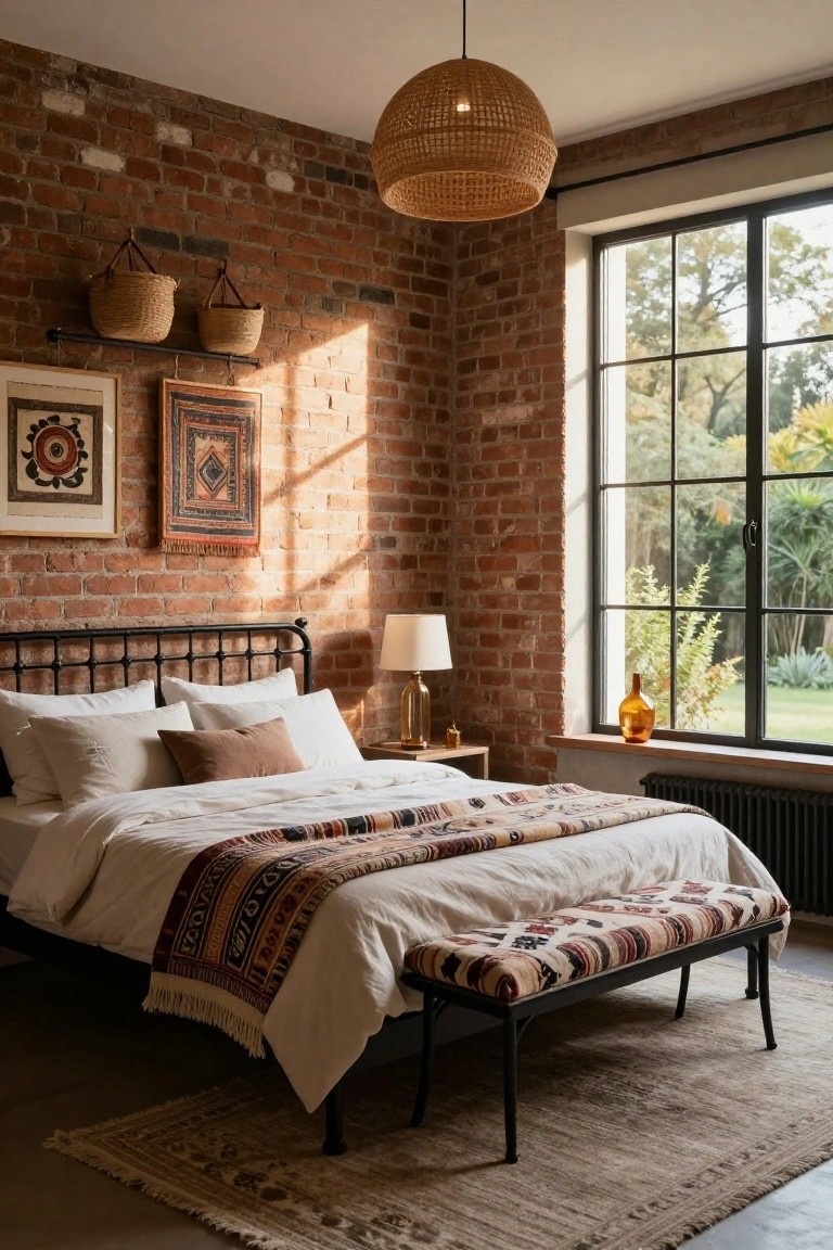 A bedroom with exposed red brick walls, black metal bed frame topped with white sheets and a multicolored woven throw, bedside lamp on wood nightstand, rattan pendant light overhead, woven baskets on wall shelf, and large steel-frame window overlooking garden and plants.