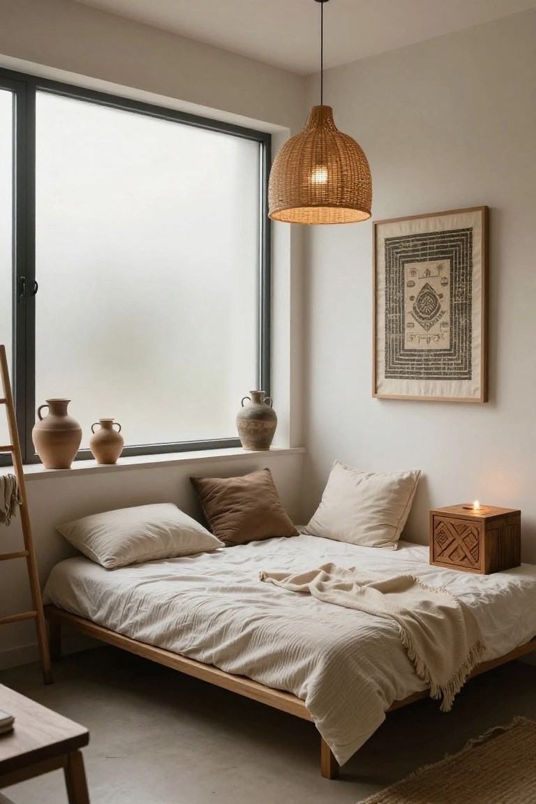 A bedroom with a low wooden platform bed covered in white linens and pillows, terracotta vases on a wide frosted windowsill, a rattan pendant light, woven wall art, and a wooden candle box on the floor.
