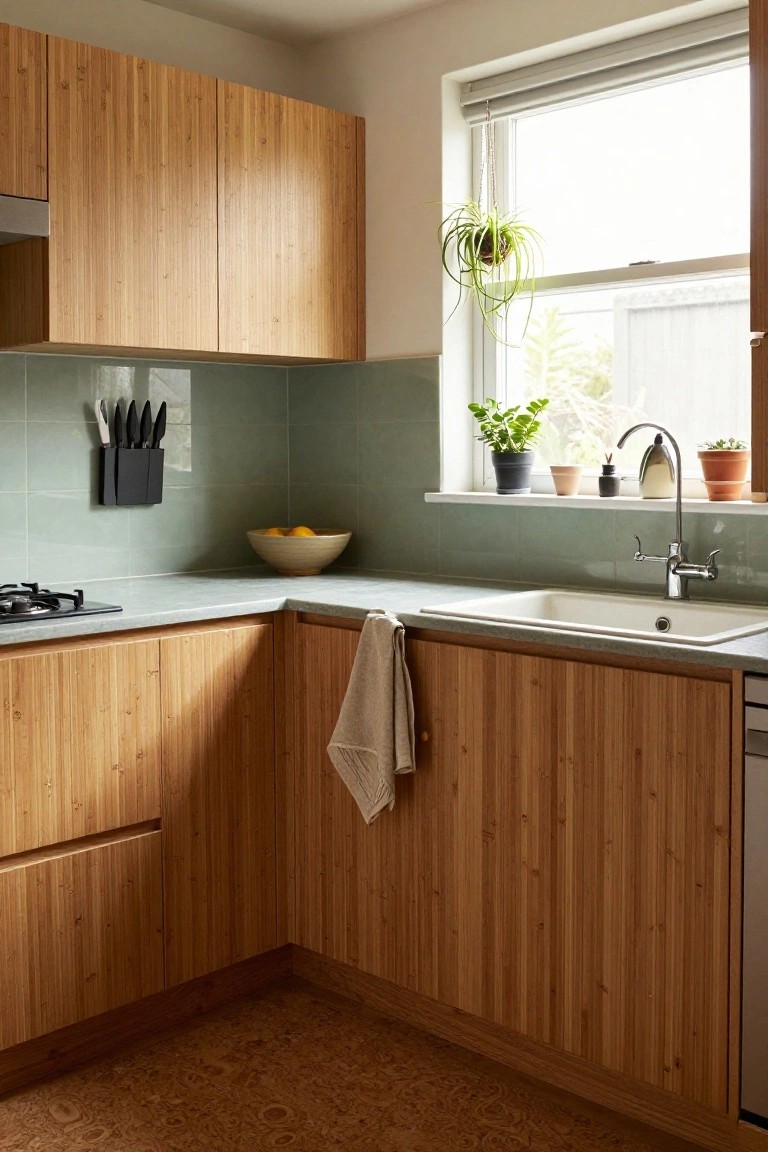Modern kitchen corner with bamboo veneer cabinets, pale green glossy backsplash tiles, knife block on wall, gas cooktop, white sink with chrome faucet, lemons in bowl, potted plants on windowsill, and cork flooring.
