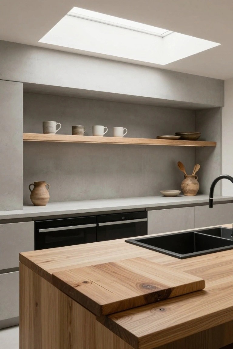 Modern kitchen with light gray concrete walls and cabinets, light oak open shelves displaying ceramic mugs plates and pottery, terracotta vases, wooden butcher block island top, black double sink, and integrated oven.