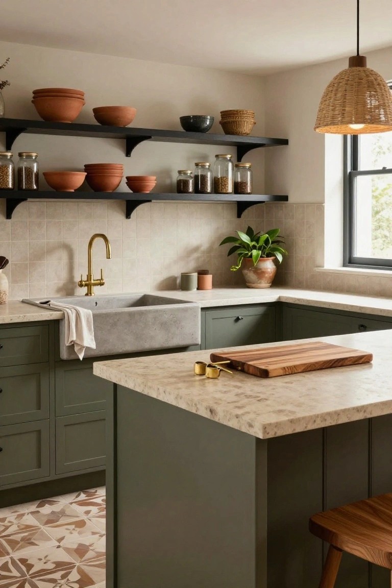 Kitchen interior with sage green lower cabinets and island, open black shelves holding terracotta pottery and glass jars, gray stone farmhouse sink with gold faucet, rattan pendant light, wooden cutting board, and wood stool.