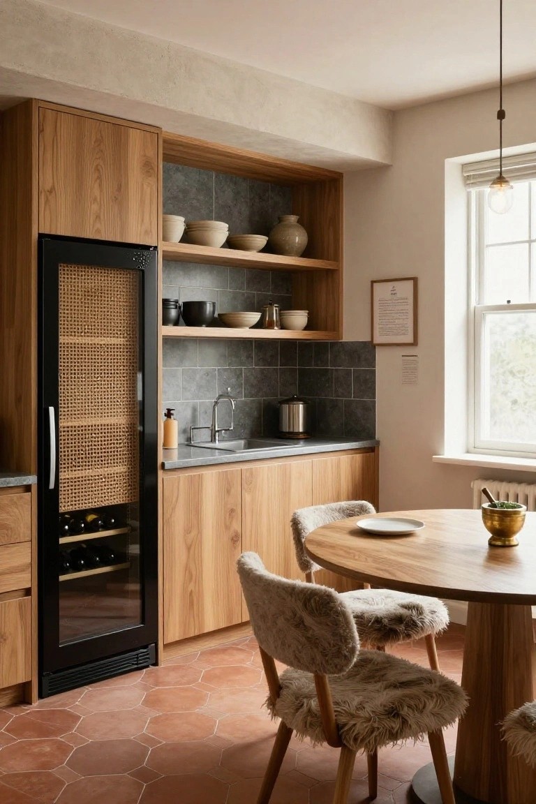 Kitchen with light oak cabinets, rattan-fronted black wine fridge, dark slate tile backsplash, countertop sink, round wooden table with shearling chairs, on hexagonal terracotta floor tiles.