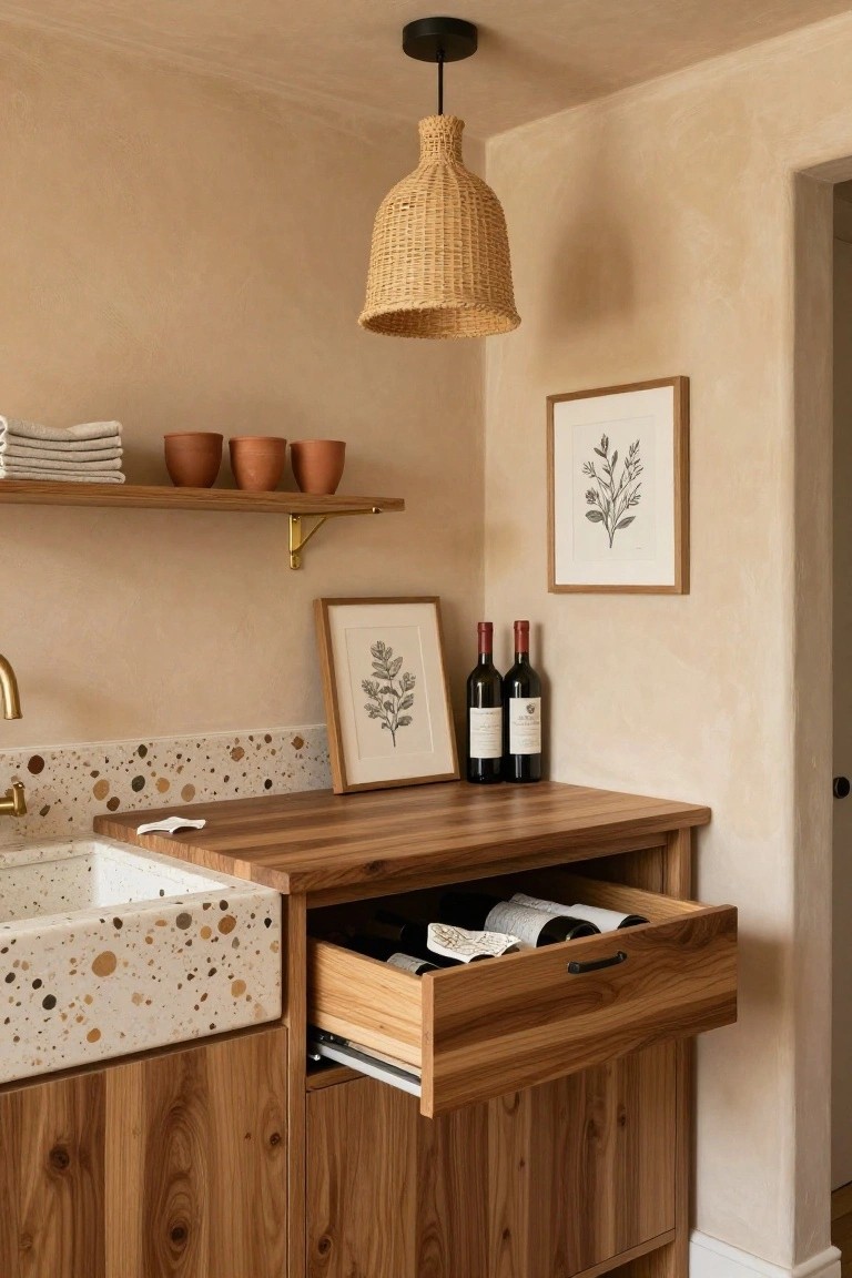 Kitchen sink area with wooden cabinets and countertop, open lower drawer storing wine bottles, speckled terrazzo-style sink basin, wooden wall shelf holding terracotta pots and linens, two framed botanical prints, and two red wine bottles on the counter.