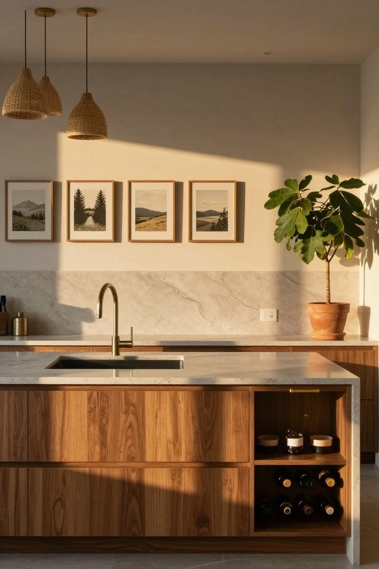 Modern kitchen with central wooden island featuring built-in wine rack and open shelving, white marble countertop and backsplash, brass gooseneck faucet, three woven pendant lights overhead, potted ficus plant, and four framed landscape prints on beige wall.