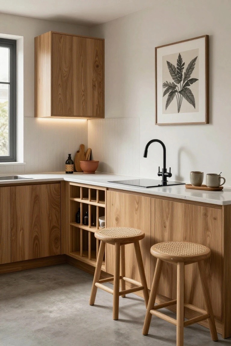 Modern kitchen corner with light oak wood cabinets, white quartz countertop, black matte pull-out faucet, integrated open wine rack, two rattan bar stools, wooden utensils on counter, and window with natural light.