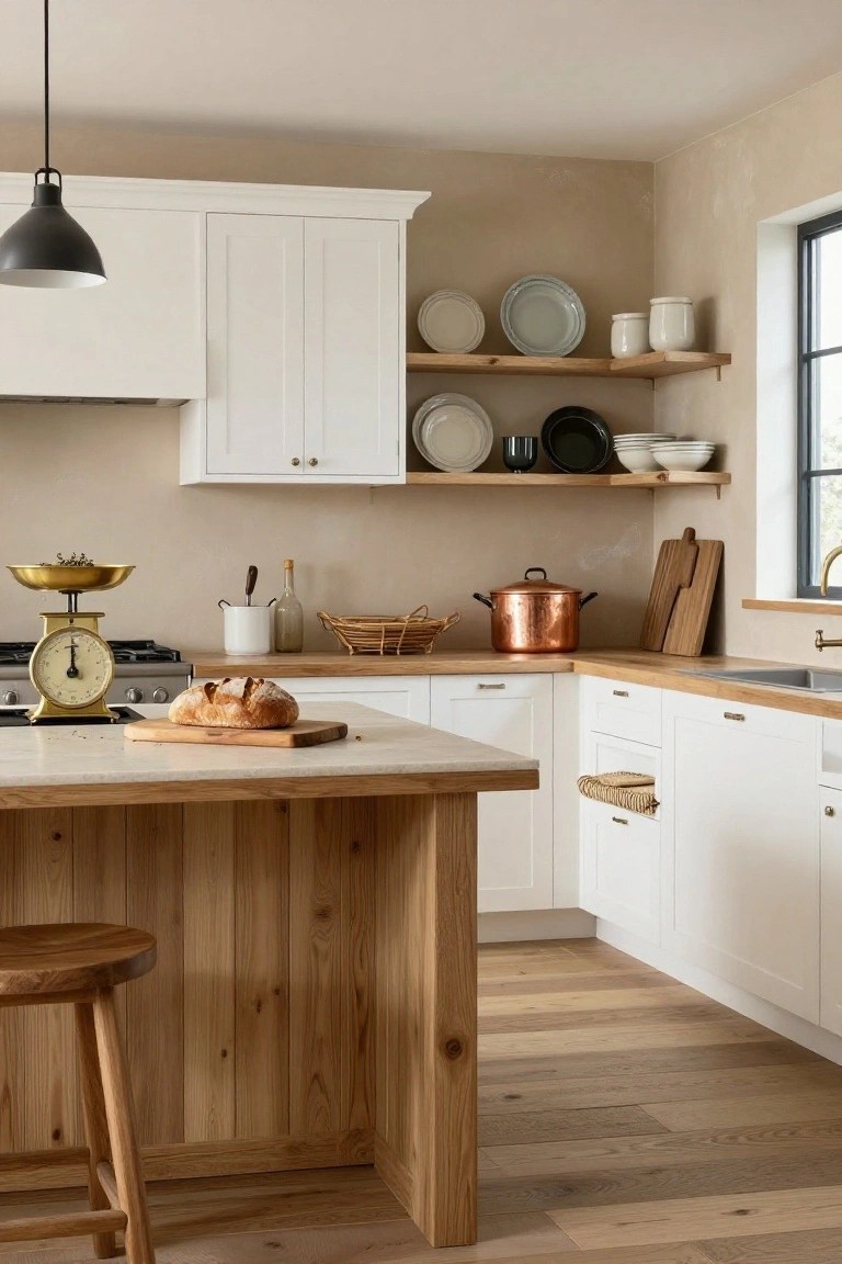 A modern kitchen corner with white shaker cabinets, light oak island featuring a brass scale, bread on a wooden board, open wood shelves holding plates, bowls, copper pot, and cutting boards, plus wood flooring.
