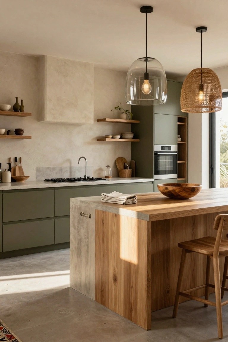 Modern kitchen interior with sage green cabinets, light wood-topped island with stools, glass and rattan pendant lights, open wood shelves with pottery, and a gas cooktop.