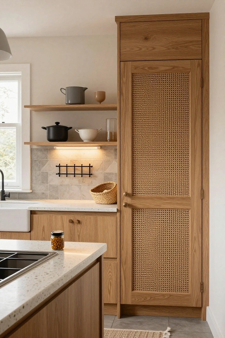 Tall oak kitchen cabinet with rattan weave door panel beside countertop with sink, open wooden shelves holding cookware and glassware, and beige tiled backsplash.