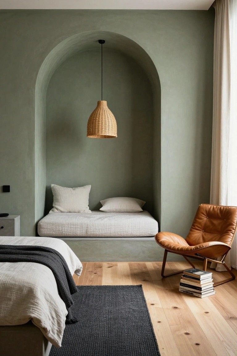 Sage green bedroom with arched wall niche holding low bed on white linens and pillows, wicker pendant lamp above, orange leather armchair beside, stack of books, black rug, and light wood floors.
