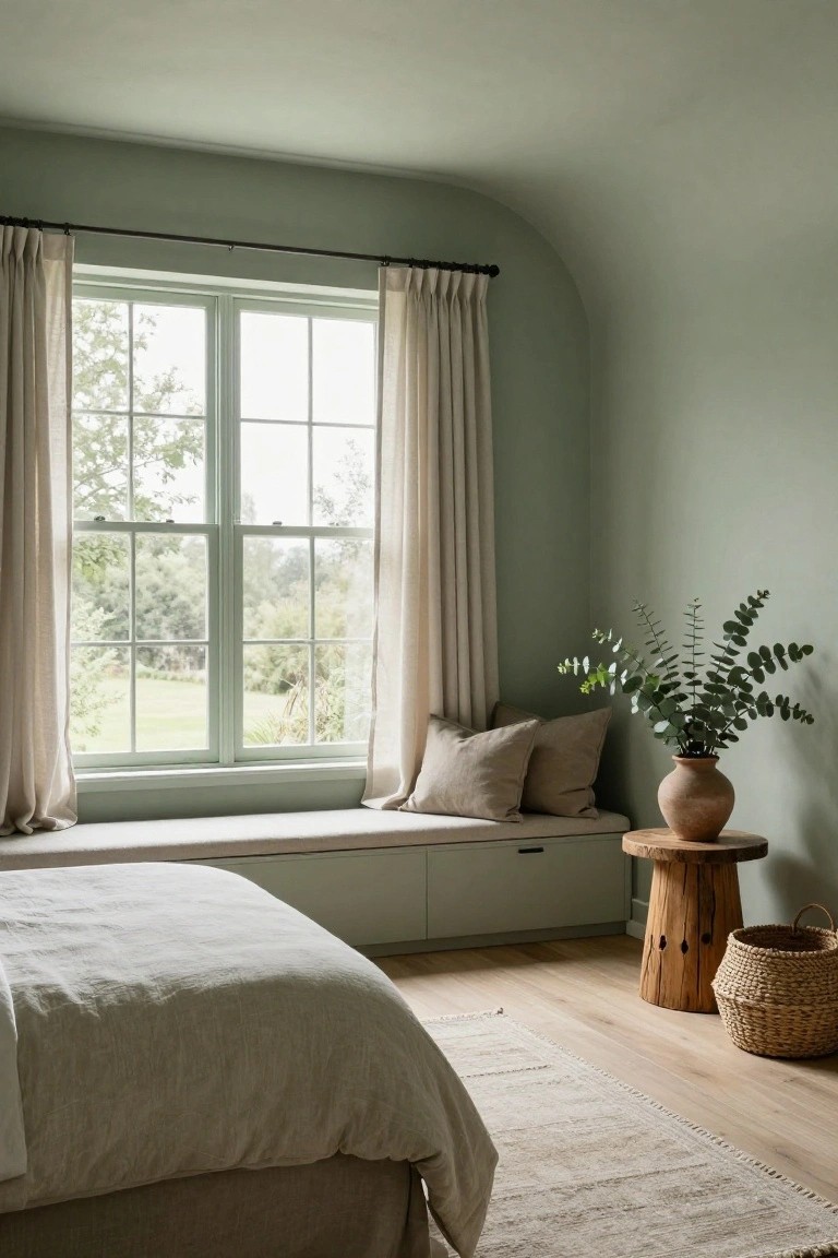 Sage green bedroom with built-in window bench seat under double-hung windows, beige linen bed, wooden stool with eucalyptus vase and basket, light oak floors, and view of trees and lawn outside.