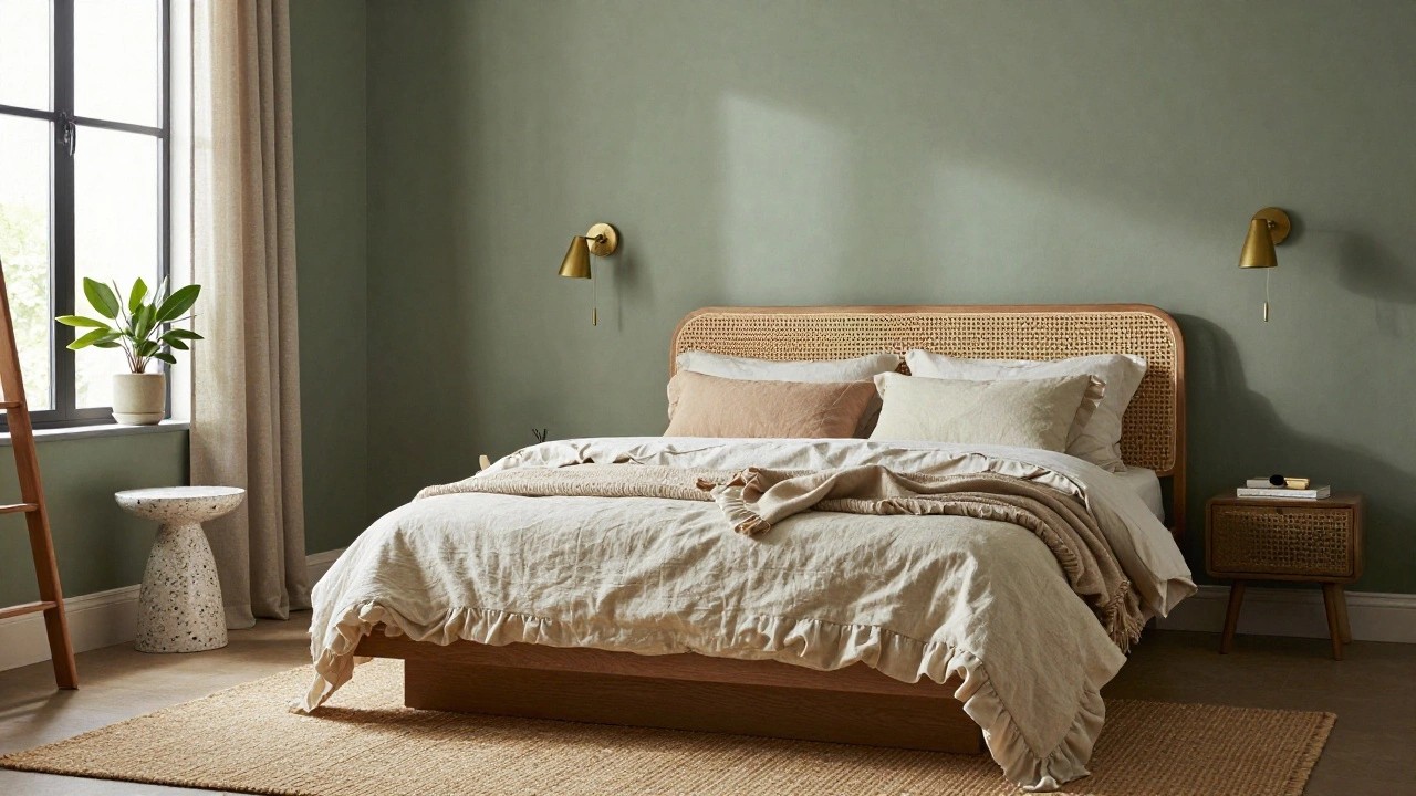 Corner of a bedroom featuring sage green walls, rattan headboard on an oak bed frame with white and beige linens and gray throw, round white side table, potted fiddle leaf fig plant on wooden ladder shelf, gold wall sconce, sheer curtains on black-framed window, and seagrass rug on wood floor.