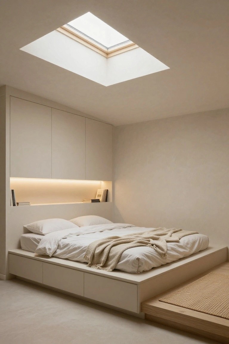 Modern minimalist bedroom with low white platform bed, white bedding and beige throw, built-in beige cabinets and recessed shelf with books and LED strip light, skylight above, tatami mat platform beside bed, beige walls and floor.