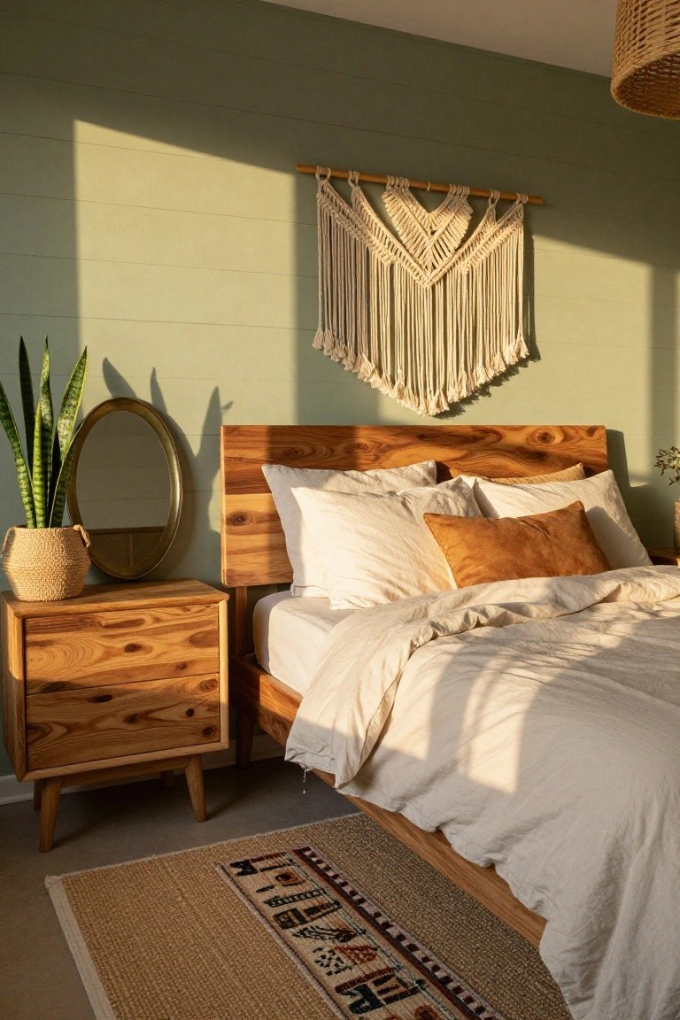 Bedroom interior with sage green plank walls, wooden bed frame and headboard with white sheets and orange throw pillow, wooden nightstand beside potted snake plant and oval mirror, white macrame wall hanging above bed, rattan pendant light, and seagrass rug on floor.