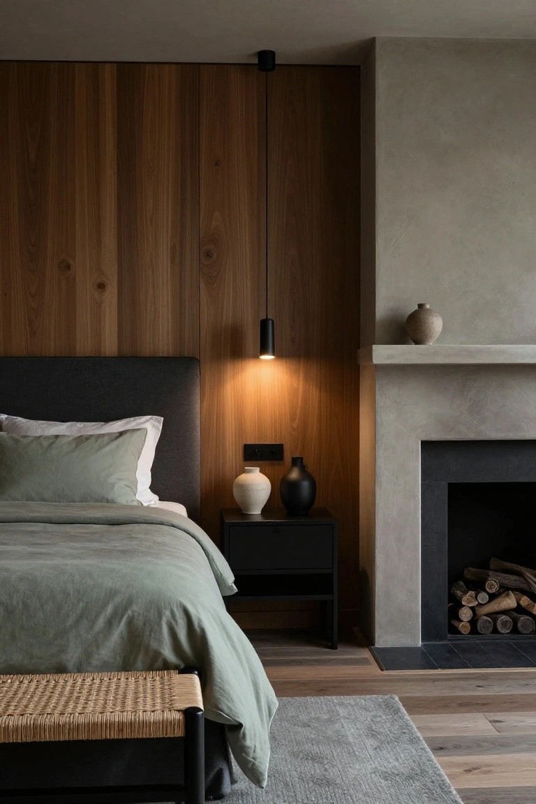 Modern bedroom with sage green duvet and pillows on dark upholstered bed against vertical wood-plank wall, black nightstand holding white and black vases, concrete fireplace mantel with stacked logs, black pendant lamp, rattan bench at bed foot, light wood floors and gray rug.