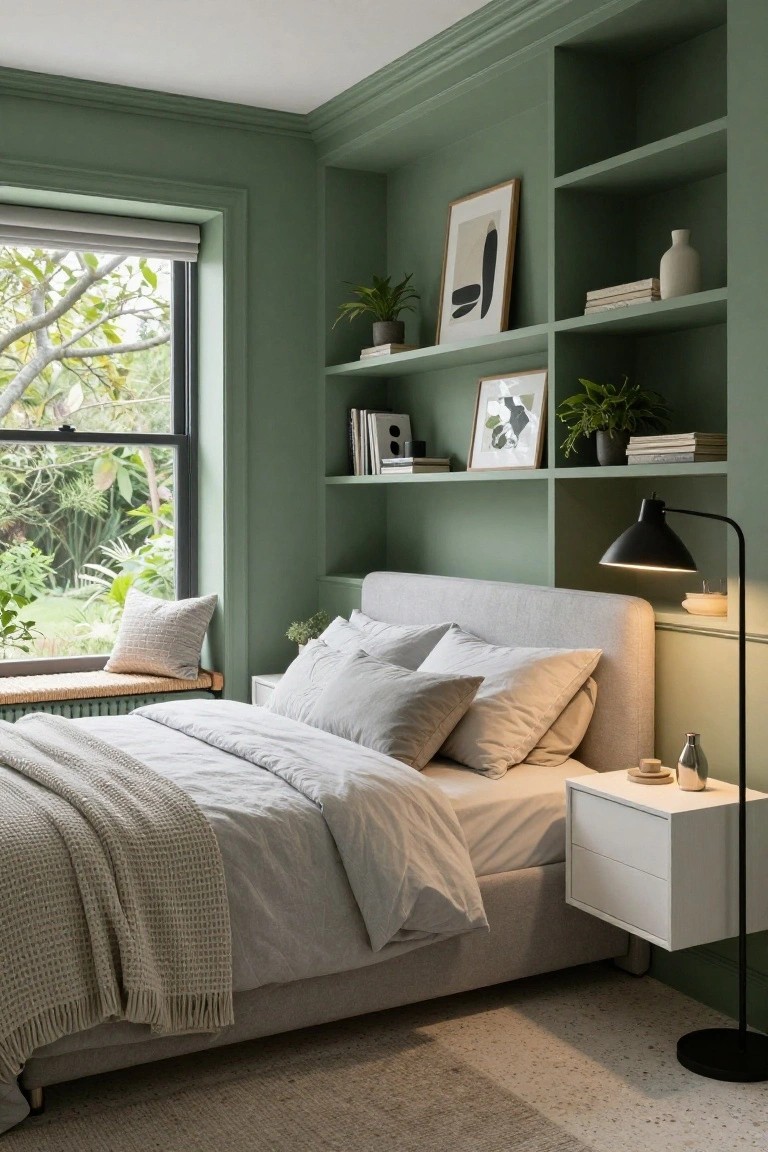 Sage green bedroom with built-in wooden shelves displaying books, art, plants, and vases around a large window and gray upholstered bed with white bedding and nightstand.