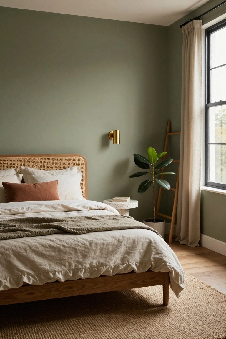 Corner of a bedroom featuring sage green walls, rattan headboard on an oak bed frame with white and beige linens and gray throw, round white side table, potted fiddle leaf fig plant on wooden ladder shelf, gold wall sconce, sheer curtains on black-framed window, and seagrass rug on wood floor.