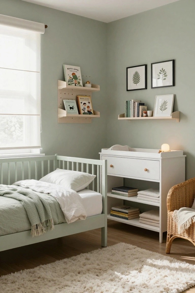 A nursery with pale sage green walls, white wooden crib with bedding and throw, white dresser with changing top, wooden floating shelves holding books and plants, framed leaf art, sheer window curtain, wicker chair, and fluffy white rug on wood floor.