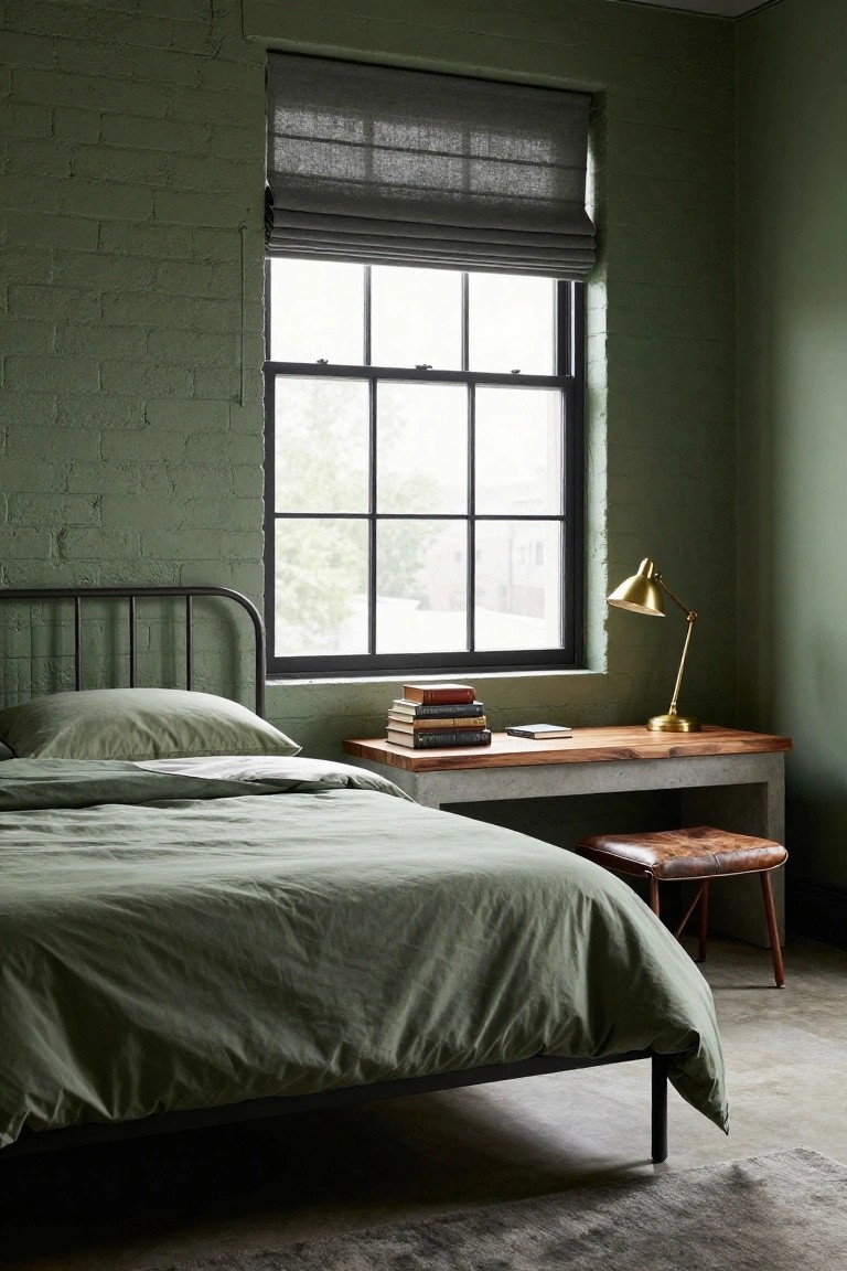 Bedroom with sage green painted exposed brick walls, black metal bed frame with green linens, wooden desk holding stacked books and gold desk lamp, large window with gray roman shade, leather stool nearby.