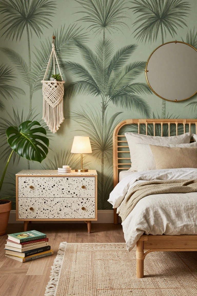 Bedroom with sage green palm leaf wallpaper on walls, rattan bed frame with white linens, white terrazzo nightstand holding a lamp and saucer, monstera plant in pot, macrame plant hanger, round gold mirror, and stack of books on wood floor.
