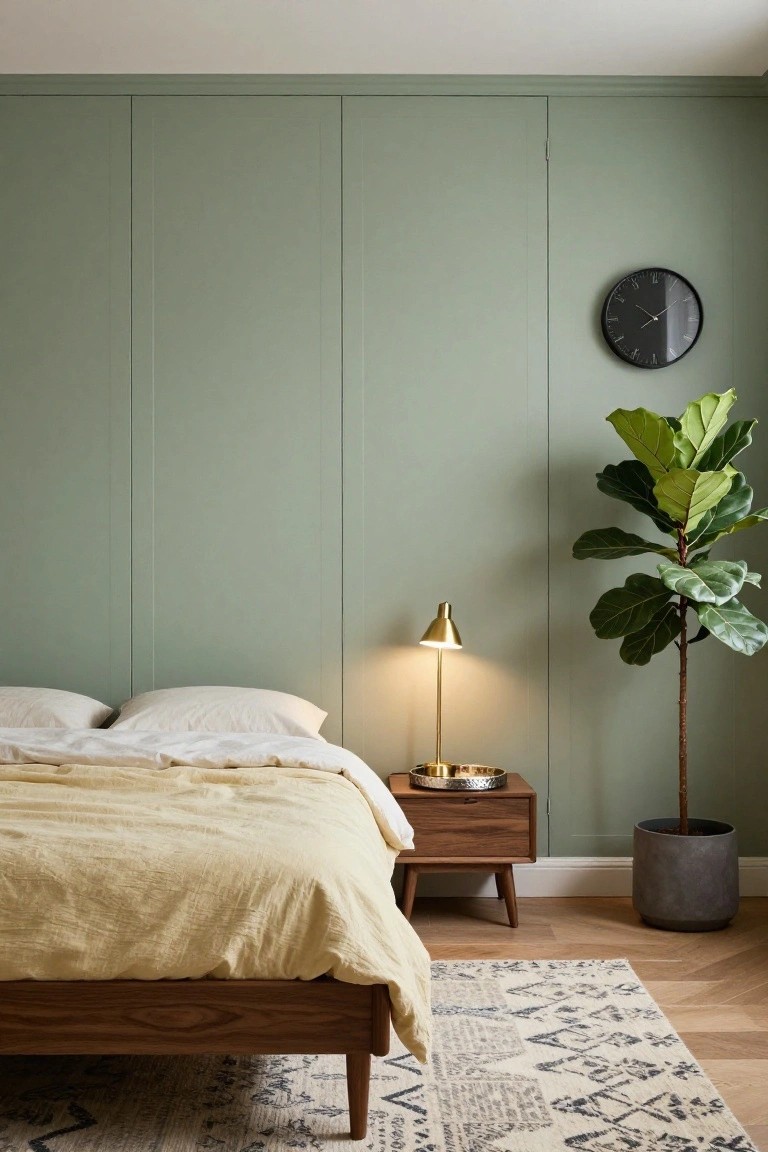 A bedroom with sage green vertical paneled walls, wooden platform bed with yellow linen bedding, brass lamp and tray on wooden nightstand, black wall clock, large potted fiddle leaf fig plant, and patterned rug on oak parquet flooring.