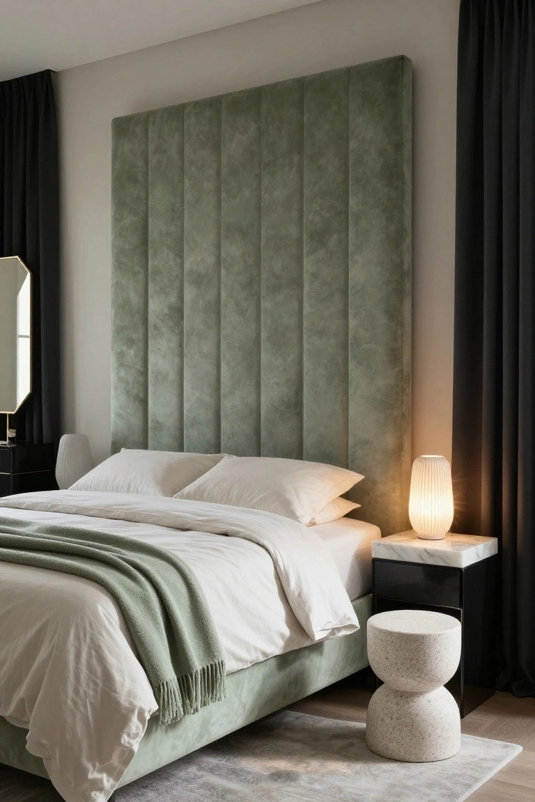 Bedroom with tall vertical tufted sage green upholstered headboard behind a bed covered in white sheets and green throw, white lamp on marble nightstand, black dresser, and black curtains beside a gold-framed mirror.