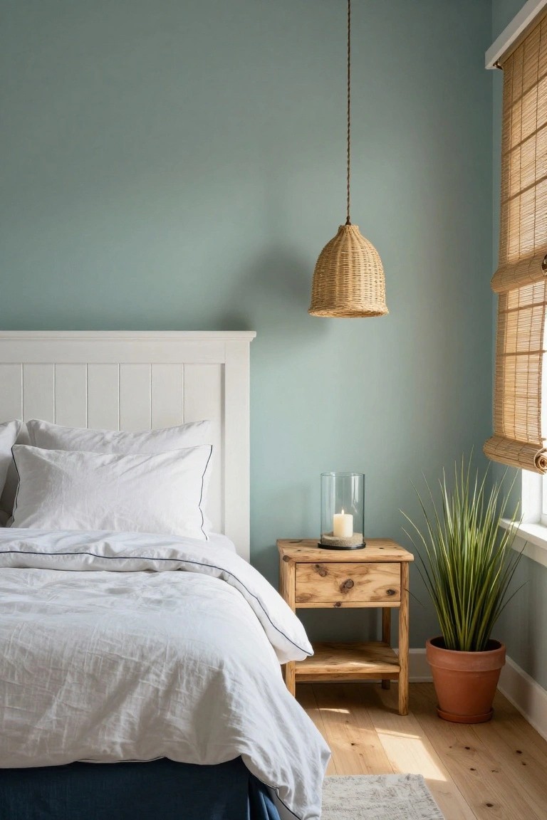 Bedroom interior featuring light sage green walls, a white paneled headboard with white linen bedding and pillows, a rustic wooden nightstand holding a glass candle holder, a potted green plant in a terracotta pot, bamboo blinds on the window, and a woven rattan pendant light hanging from the ceiling over light wood floors and a gray rug.