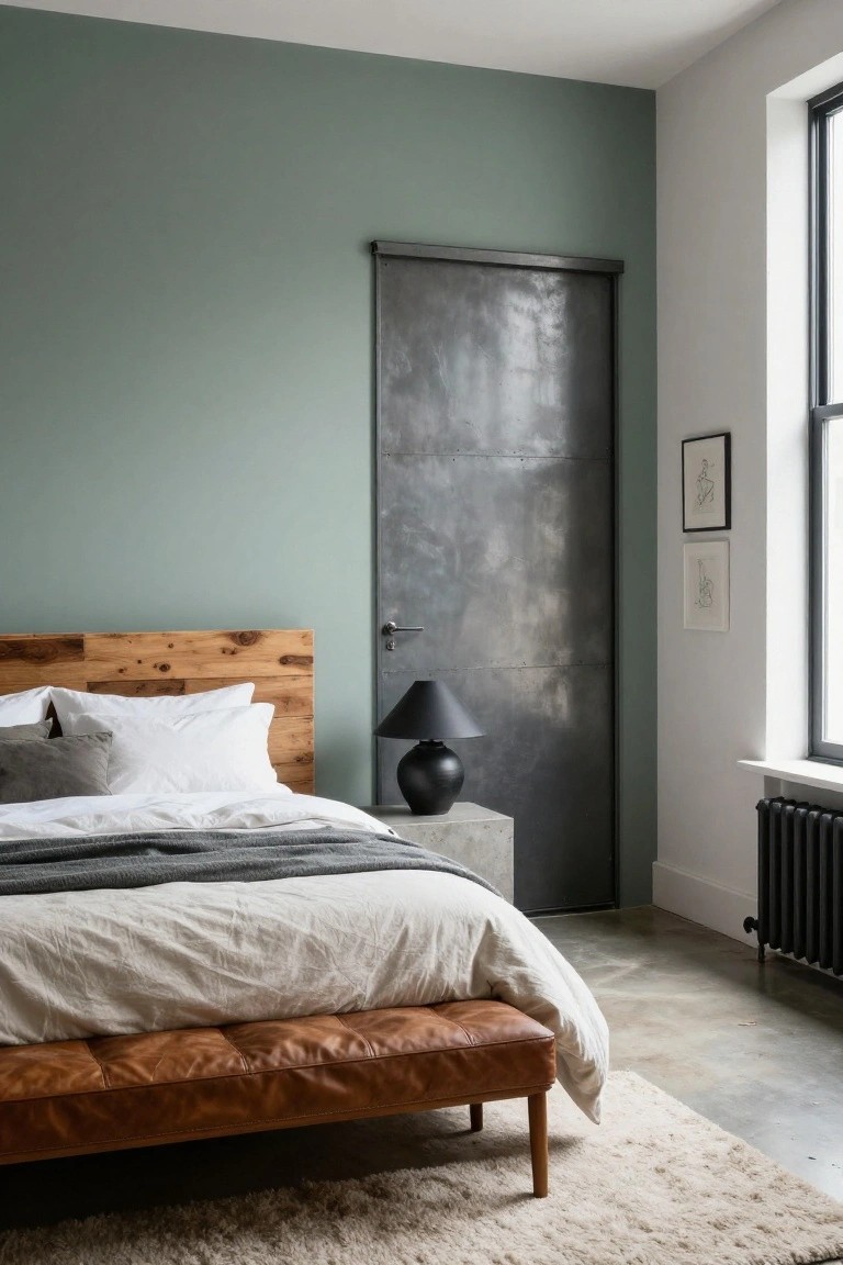 Modern bedroom featuring sage green wall, tall metal sliding door, bed with reclaimed wood headboard and white linens topped with gray throw, black lamp on concrete pedestal beside bed, tan leather bench at bed foot, white rug, and window with black radiator on polished concrete floor.