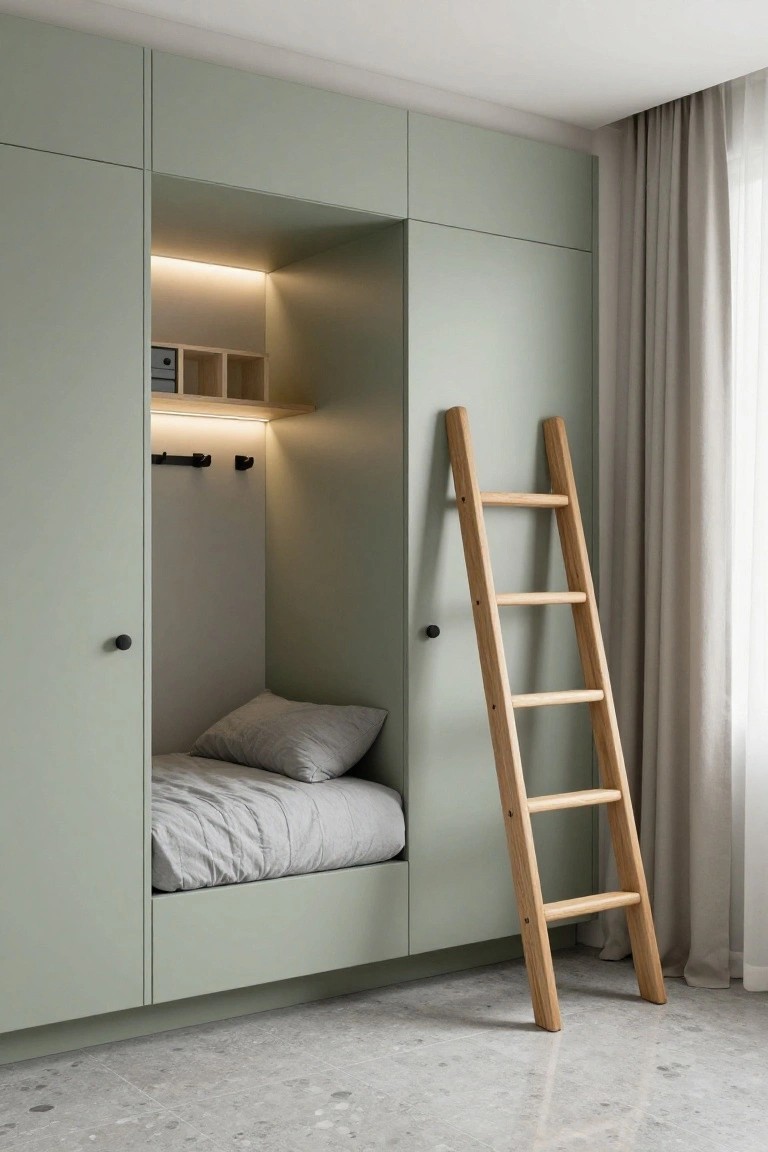 Sage green built-in wardrobes with a recessed bed platform at the bottom, wooden ladder leaning nearby, LED strip lighting, and open shelves inside an alcove.