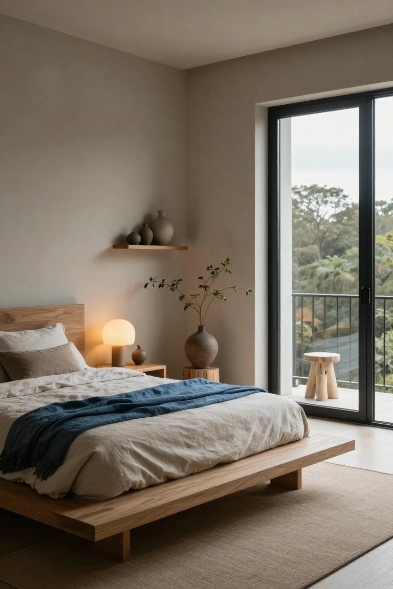 Modern bedroom with low wooden platform bed covered in white linens and blue throw, nightstands with globe lamps and pottery, floating shelves with vases, potted plant, and black-framed sliding glass doors to balcony overlooking trees and greenery.