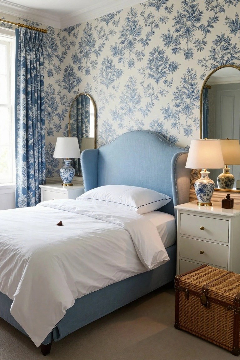 Bedroom with cream wallpaper printed in blue toile pattern, blue velvet wingback headboard on a bed with white sheets and duvet, white nightstands holding blue and white porcelain lamps, blue patterned drapes at the window, arched mirrors, and a wicker trunk on the wood floor.