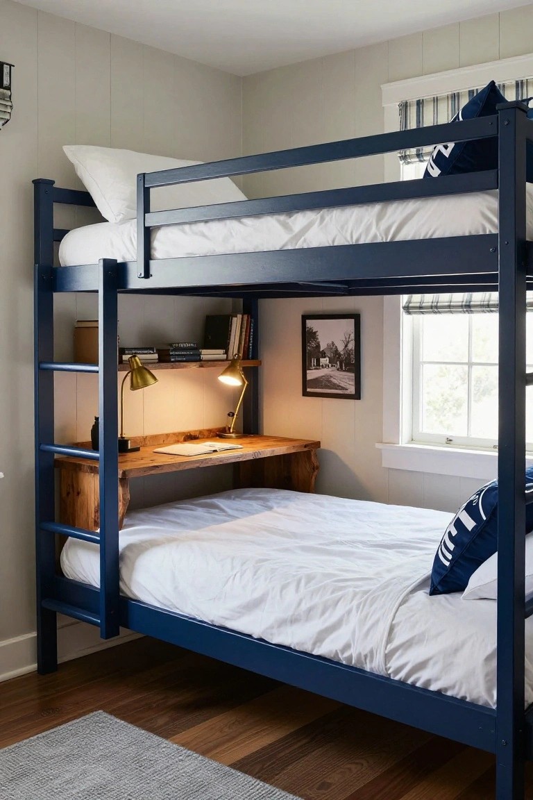 Navy bunk bed frame with integrated wooden desk and shelves underneath in a light gray bedroom with white bedding and a window.