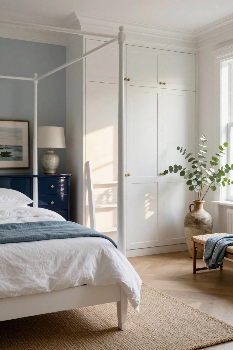 Bedroom with white four-poster bed, white sheets and pillows, teal throw blanket, glossy navy dresser, tall white wardrobe with gold knobs, eucalyptus plant in terracotta pot, wooden bench with blue throw, seagrass rug on herringbone hardwood floors.