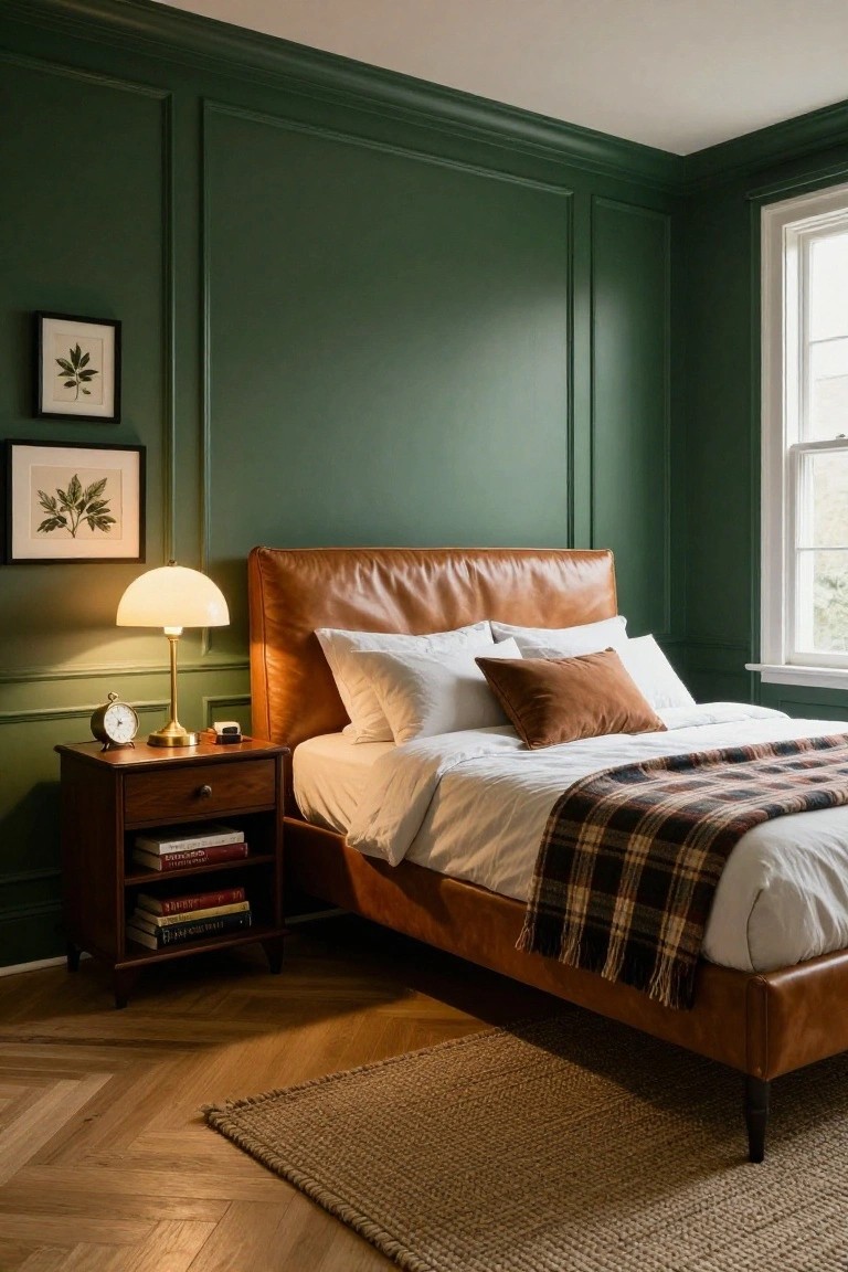 Bedroom corner featuring deep green paneled walls, tan leather upholstered bed with white bedding and plaid throw, wooden nightstand holding a lamp clock and books, herringbone hardwood floor, and jute rug.