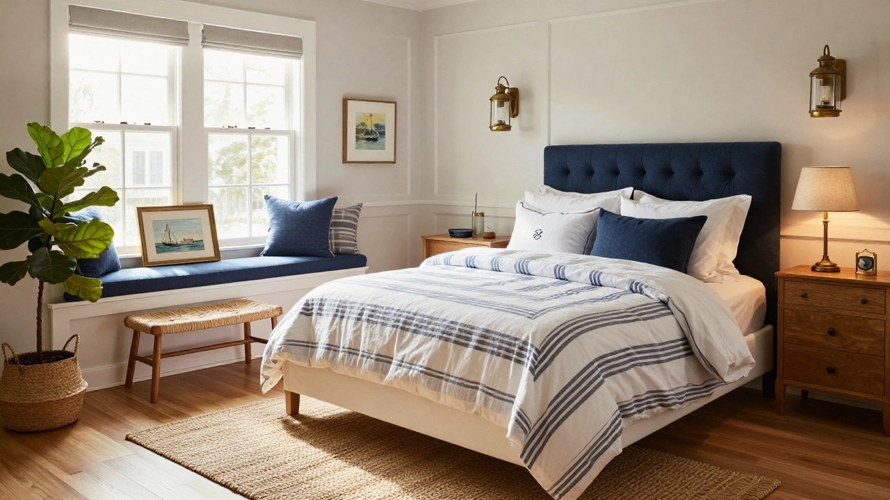 Bedroom interior featuring navy blue walls, white-trimmed windows, a tufted navy headboard with white striped bedding, built-in window seat with blue cushions overlooking the ocean, wooden dresser, rattan basket, and seagrass rug on hardwood floors.