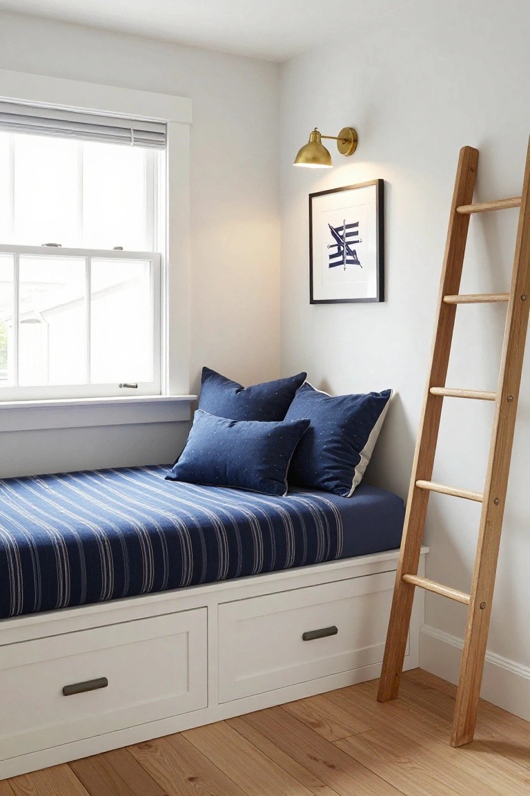 Small bedroom with built-in low daybed covered in navy striped bedding and blue pillows, white drawers underneath, tall wooden ladder leaning on white wall beside abstract navy art, brass sconce light, window with gray shades, and light wood floors.