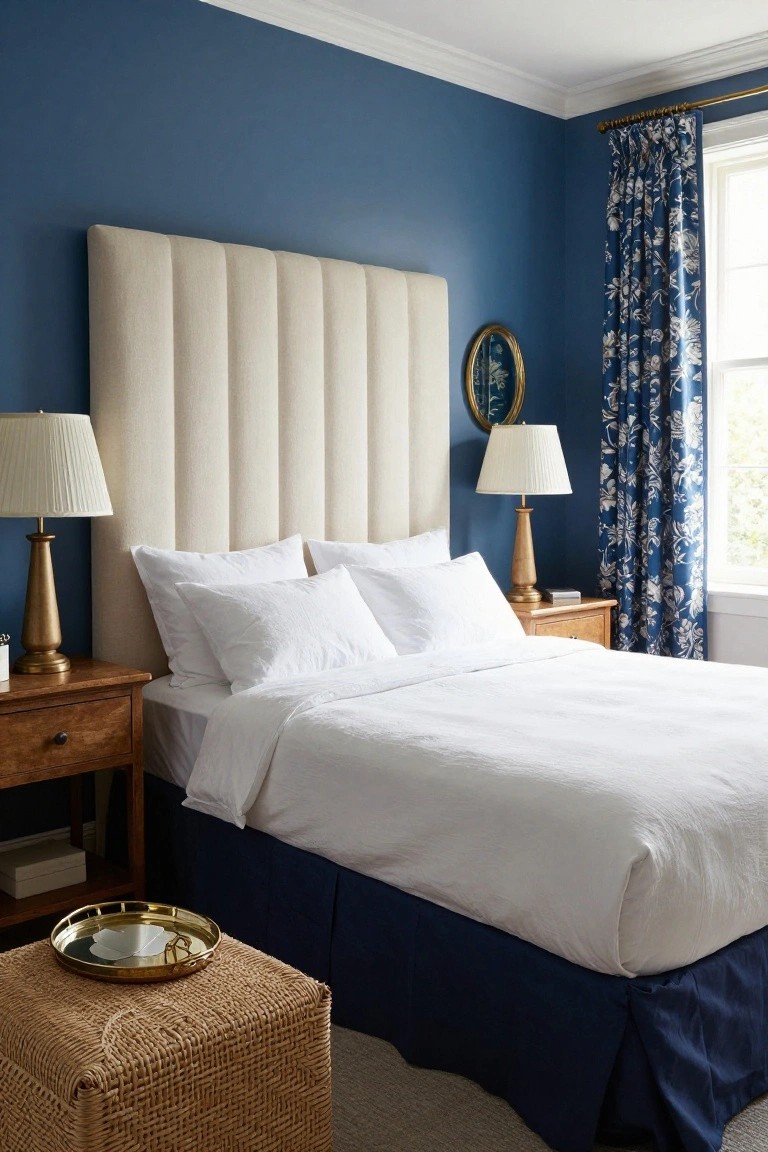 Bedroom featuring navy blue walls, a tall beige tufted headboard, white linen bedding, matching brass lamps on wooden nightstands, blue floral drapes on a window, and a wicker stool nearby.