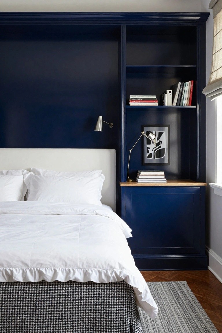 Bedroom interior with navy blue built-in cabinetry and shelving framing a white bed, including books on shelves, a desk lamp, and abstract artwork.