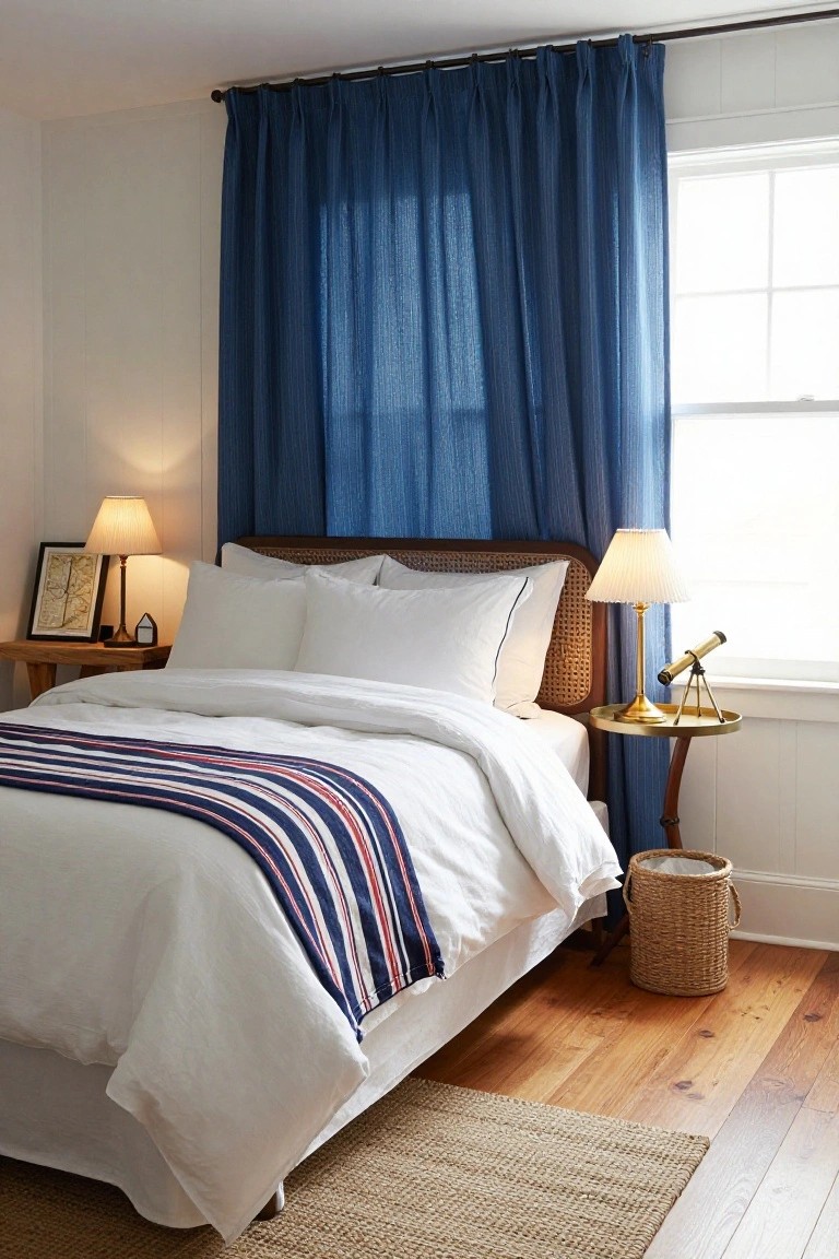 Bedroom with rattan headboard and white bedding topped by red and navy striped blanket, navy blue floor-to-ceiling curtains on window behind bed, brass lamps on side tables, telescope on tray table, wicker basket on wood floor.