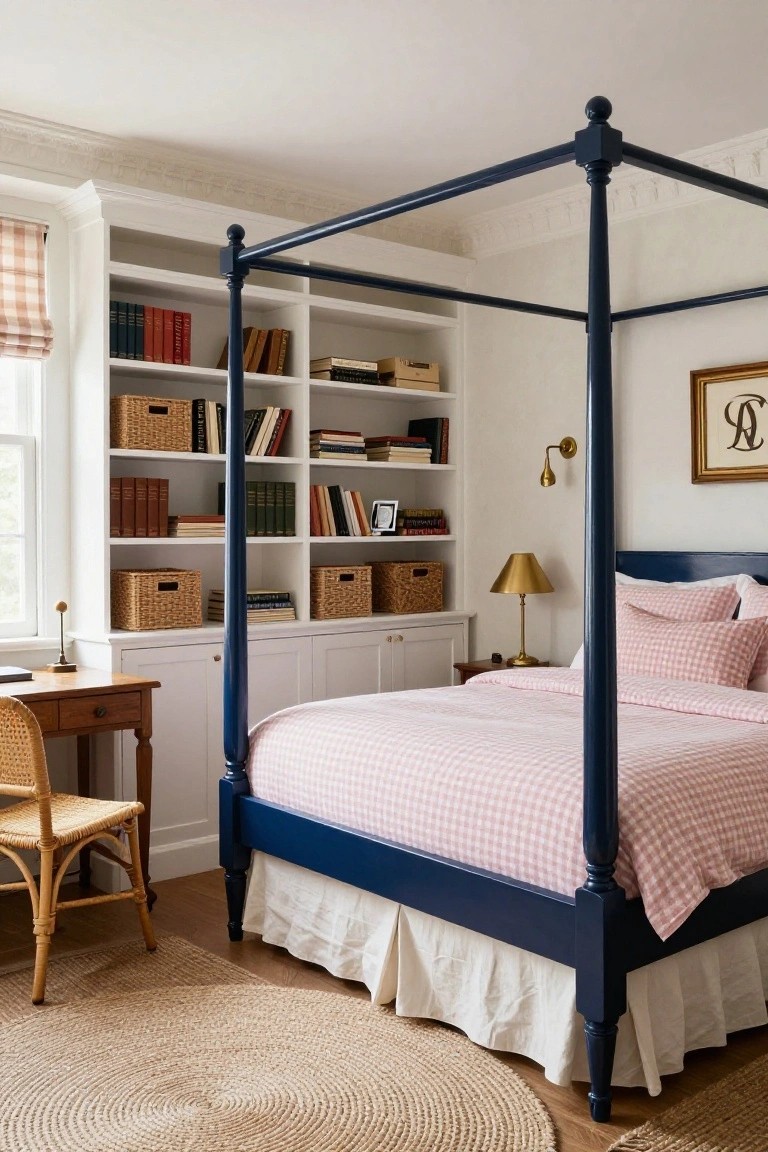 Navy four-poster bed with pink gingham linens beside built-in bookshelves.