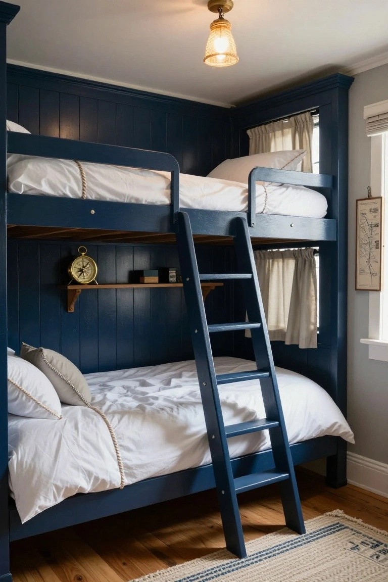 Navy blue paneled walls enclose a built-in bunk bed with ladder, white bedding on both levels, brass compass clock on a wood shelf, and neutral curtains in a wood-floored room.