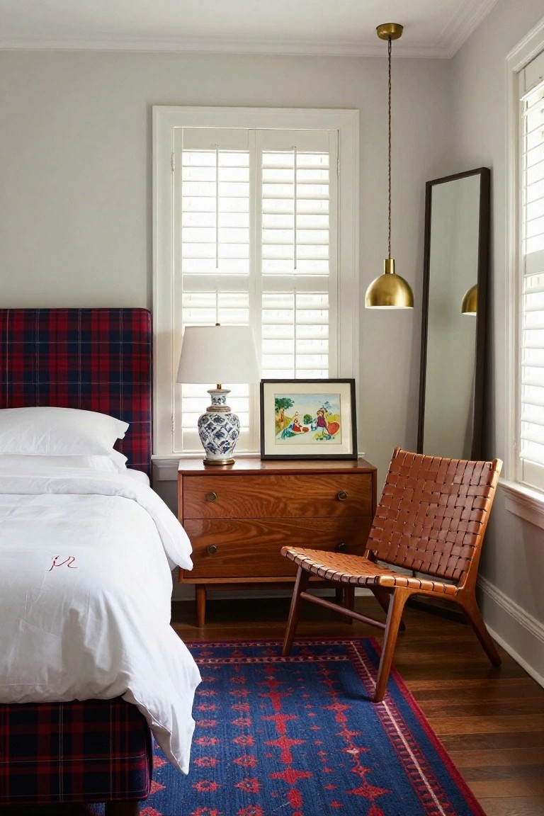 Bedroom corner with red and navy plaid upholstered bed frame and headboard, white bedding, wooden dresser topped with blue and white porcelain lamp and colorful framed painting, tan woven leather chair, blue rug, and tall mirror beside shuttered windows.
