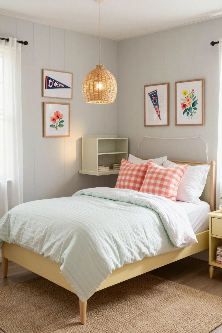 Cozy bedroom featuring light gray shiplap walls, a yellow wood bed frame with mint green quilted bedding and orange gingham pillows, framed Duke pennant and floral artworks, rattan pendant light, floating mint shelf with books, sheer curtains, and seagrass rug.